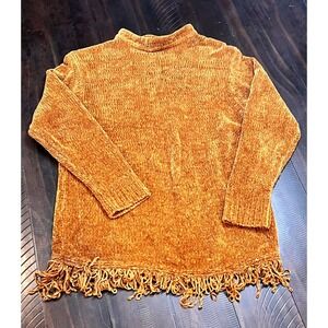 Jazzie Chenille Sweater Womens Medium Gold Excellent Fringe Mock Neck Boho Top
